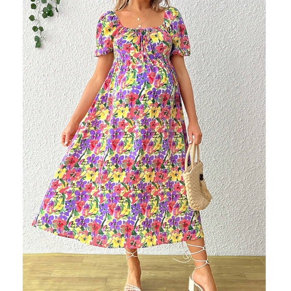 Boho Floral Print Shirred Puff Sleeve Dress - Picture 3 of 5